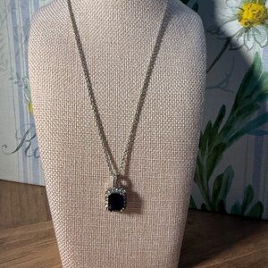 Vintage Faux Blue Sapphire And Diamond Pendant Silver Tone Chain Necklace